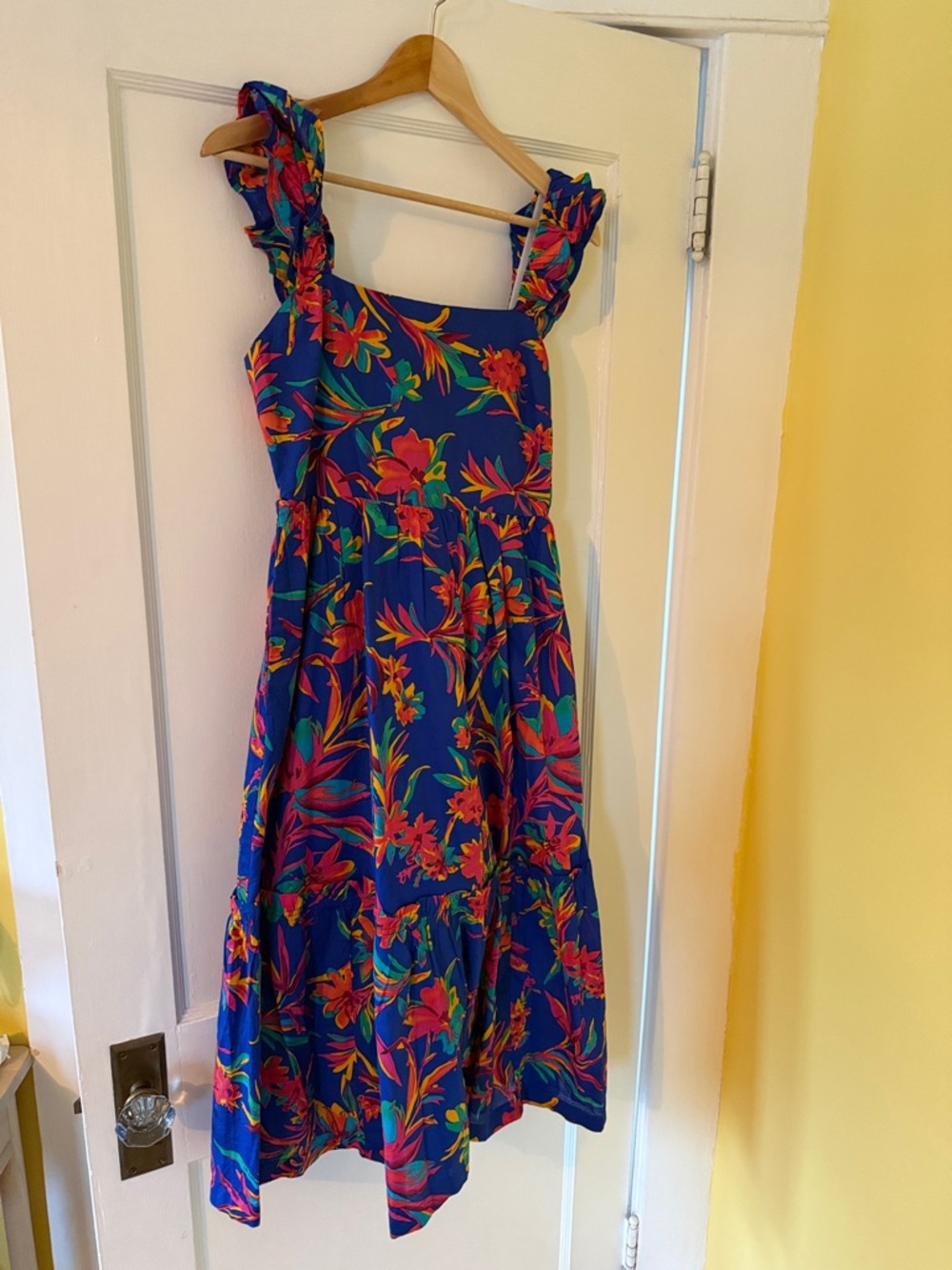 J. Crew 100% Cotton Blue Floral Ruffled Strap Midi Dress